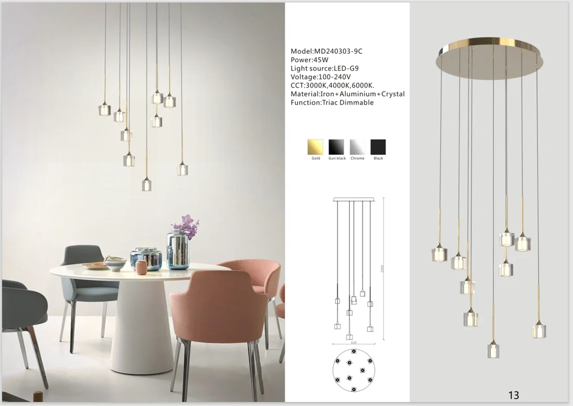 Nine-Light Round Crystal Chandelier for Dining and Lounge Areas