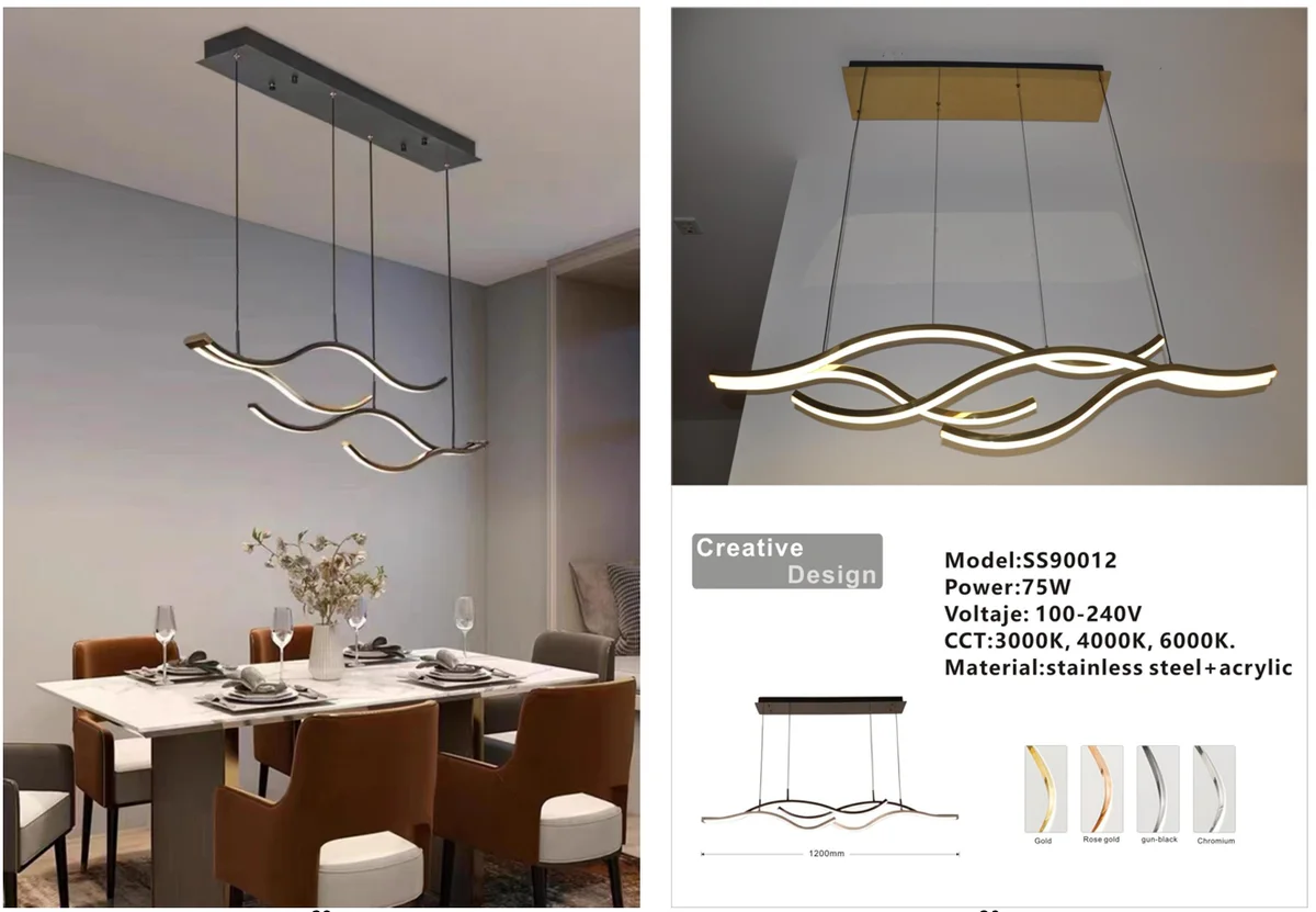 Wave Shape Stainless-Steel Pendant Light for Dining Rooms