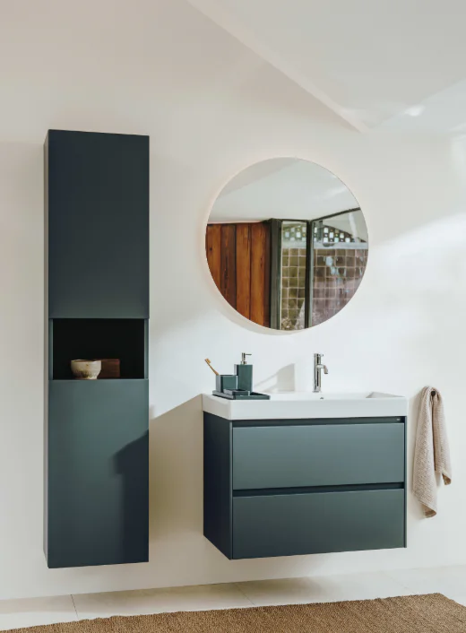 Roca Wall-Hung Reversible Bathroom Column Unit – 2 Doors & Open Shelf, Matt Green