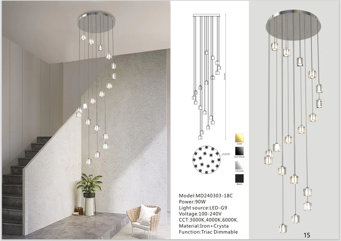 Crystal Double-Height Chandelier for Staircases and Villa Lobbies