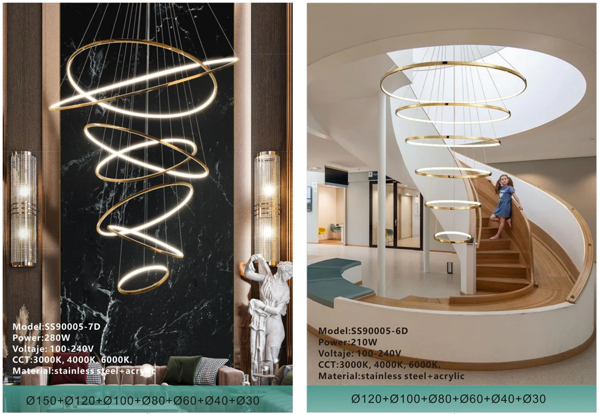 `Modern Spiral Stainless-Steel Chandelier for Staircases