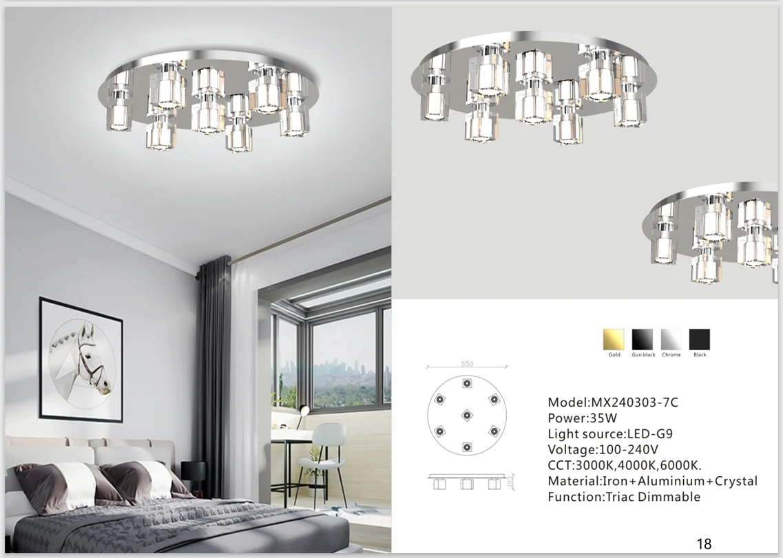 Seven-Light Crystal Ceiling Chandelier for Hotel Bedrooms