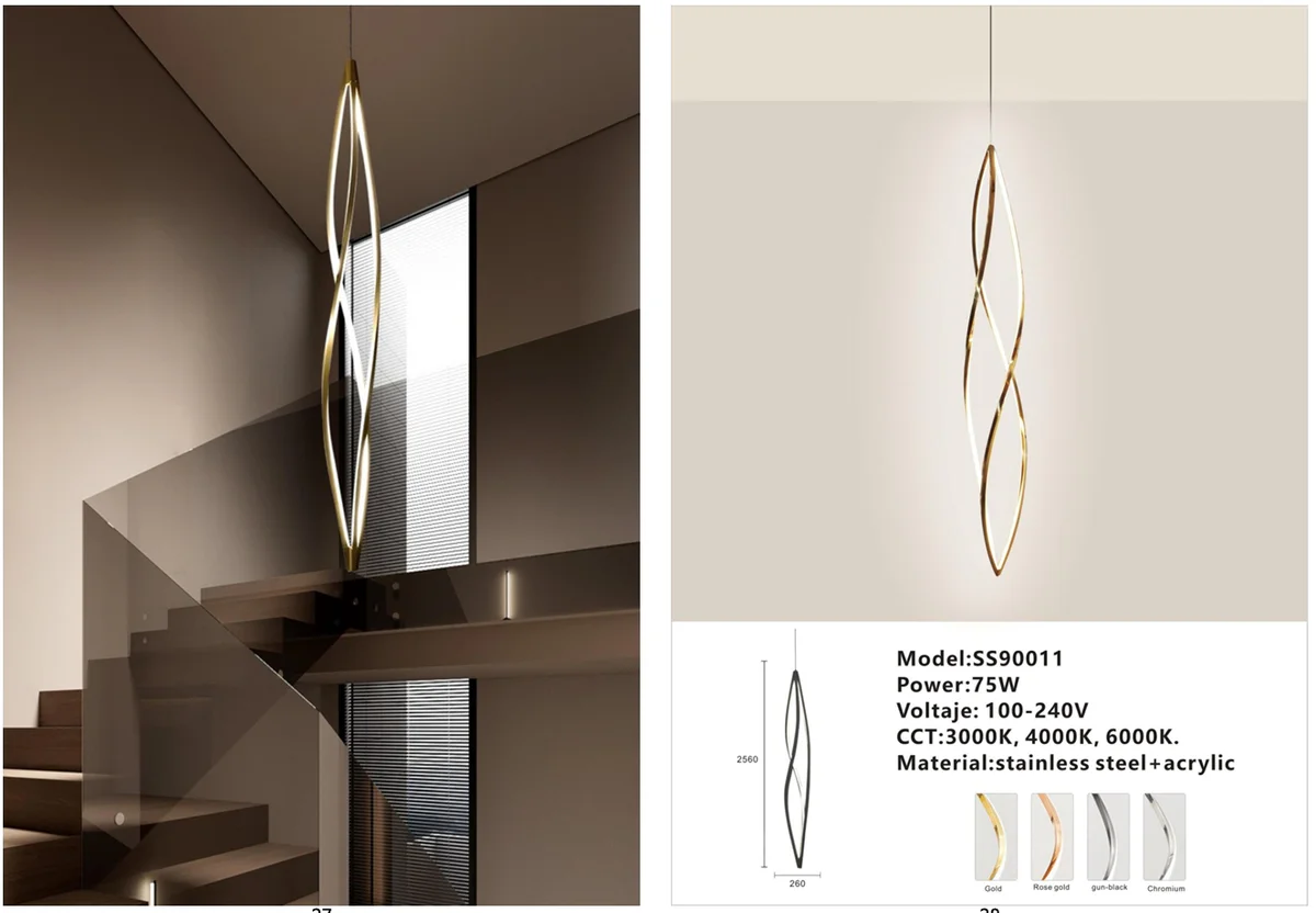 Artistic Stainless-Steel Spiral Pendant Light for Staircases