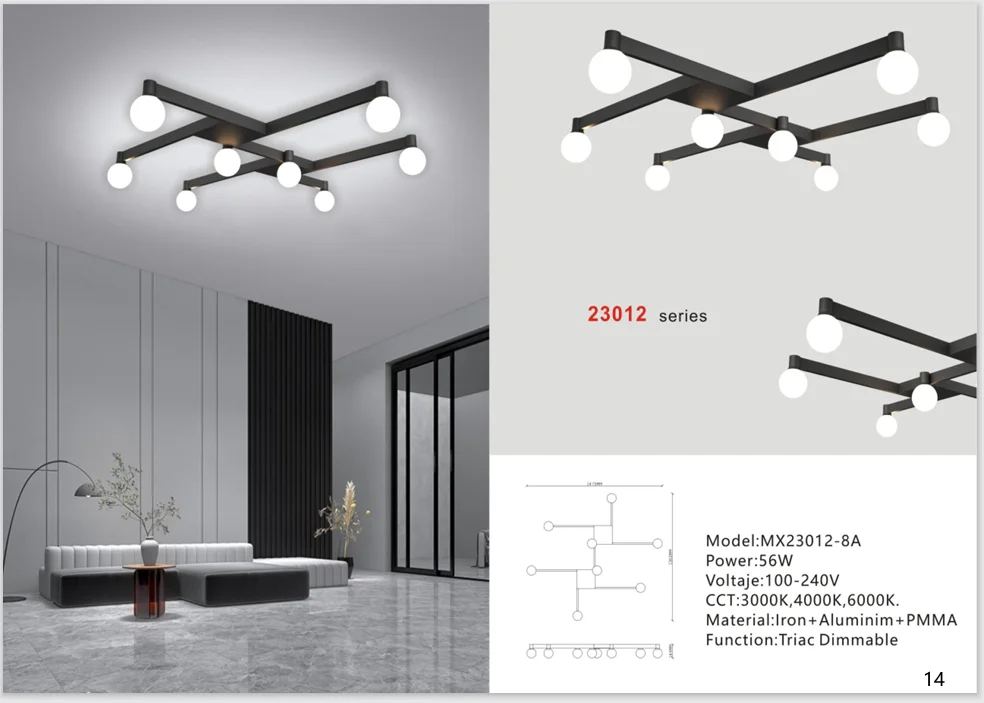 Black Eight-Light Ceiling Light for Living Rooms and Offices