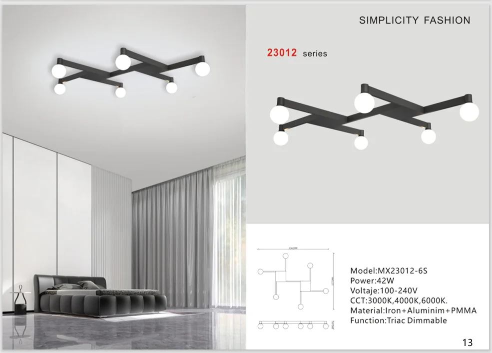 Black Six-Light Ceiling Light for Bedrooms and Living Rooms