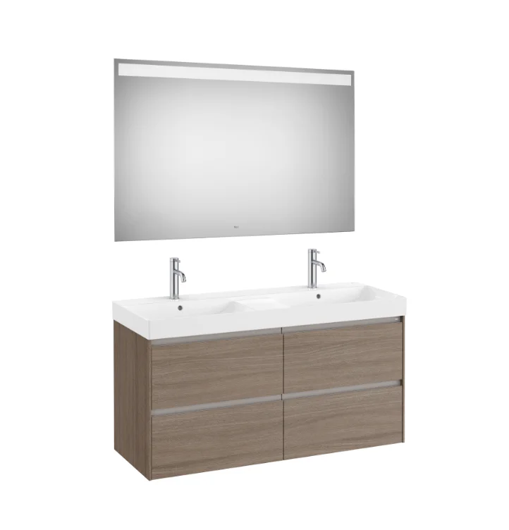Roca ONA Wall-Hung Double Basin Vanity Pack with Eidos LED Mirror – 1200 mm, Dark Elm