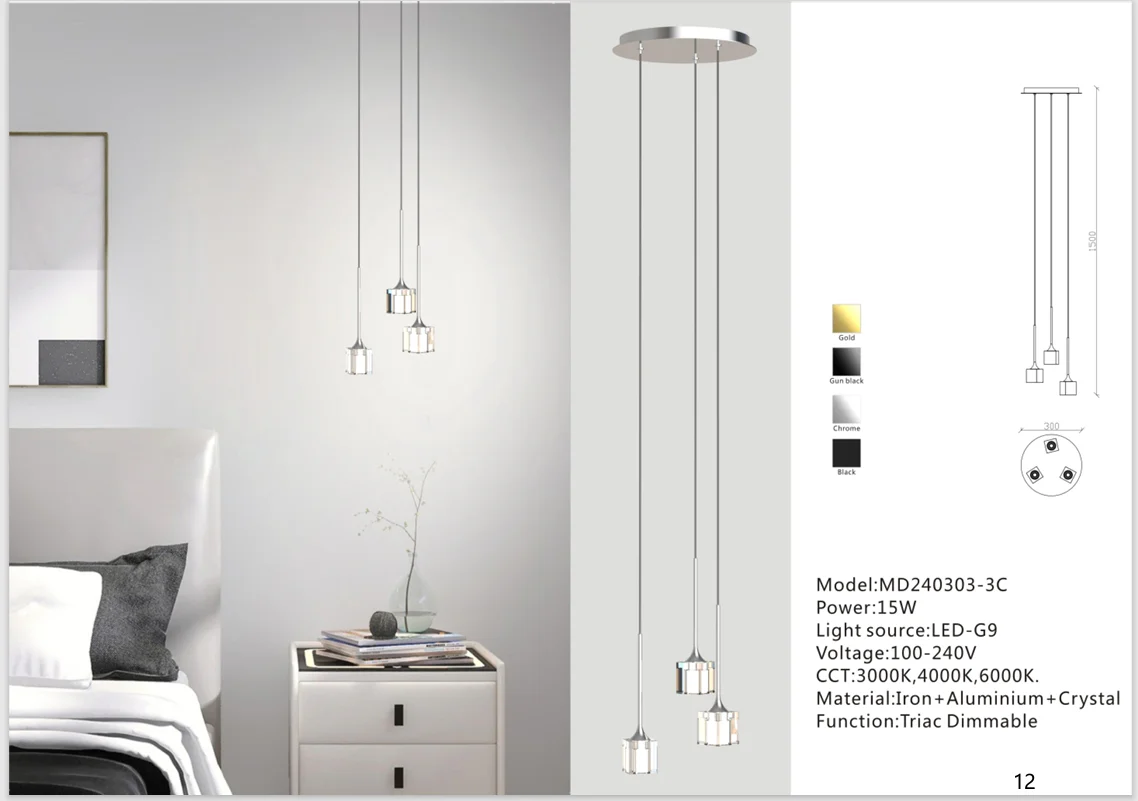 Three-Light Crystal Pendant Chandelier for Bedrooms and Villas