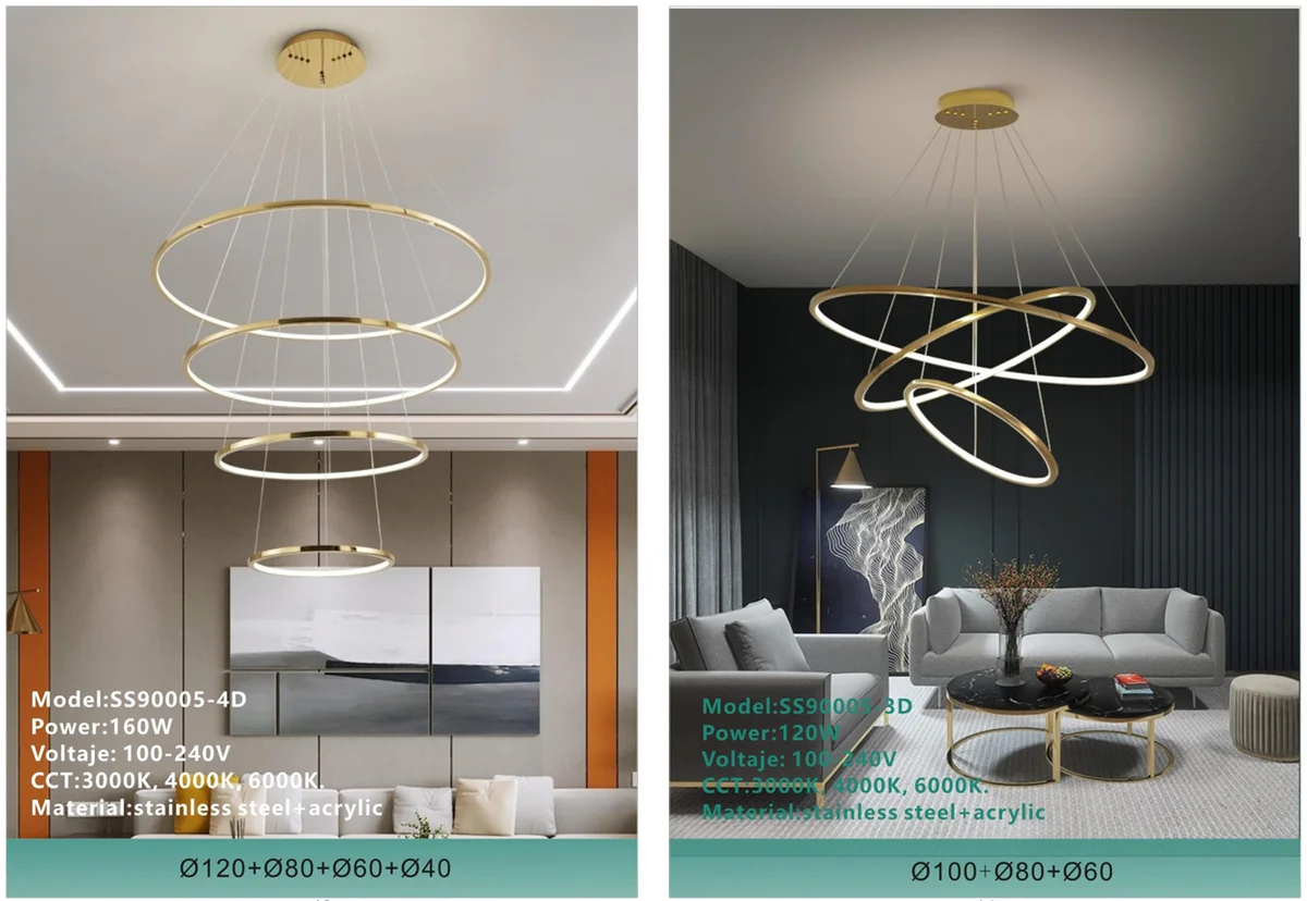 Multi-Ring Stainless-Steel Chandelier for Hotel and Villa Interiors