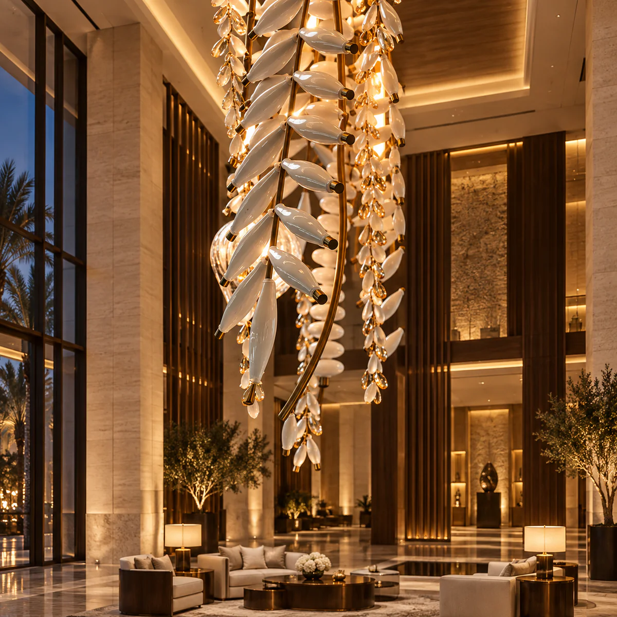 White Leaf Art Glass Lobby Chandelier - Model CX-YD022