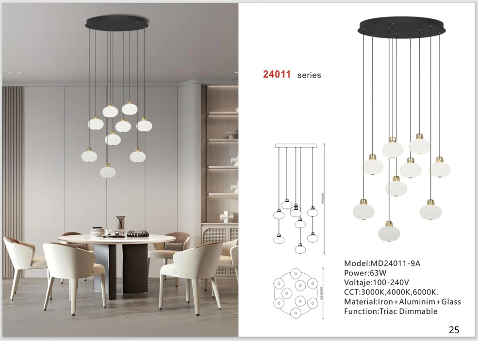 Nine-Light Glass Pendant Chandelier for Villa Dining Areas