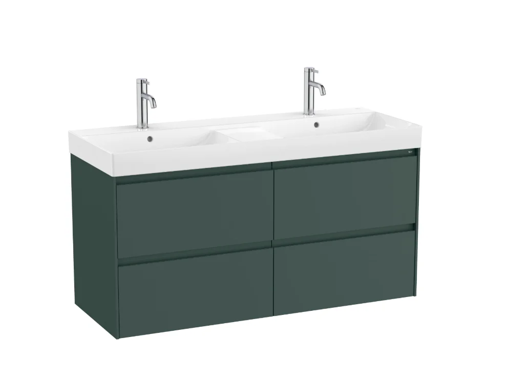 Roca ONA Unik Wall-Hung Double Basin Vanity Unit – 1200 mm, 4 Drawers, Matt Green