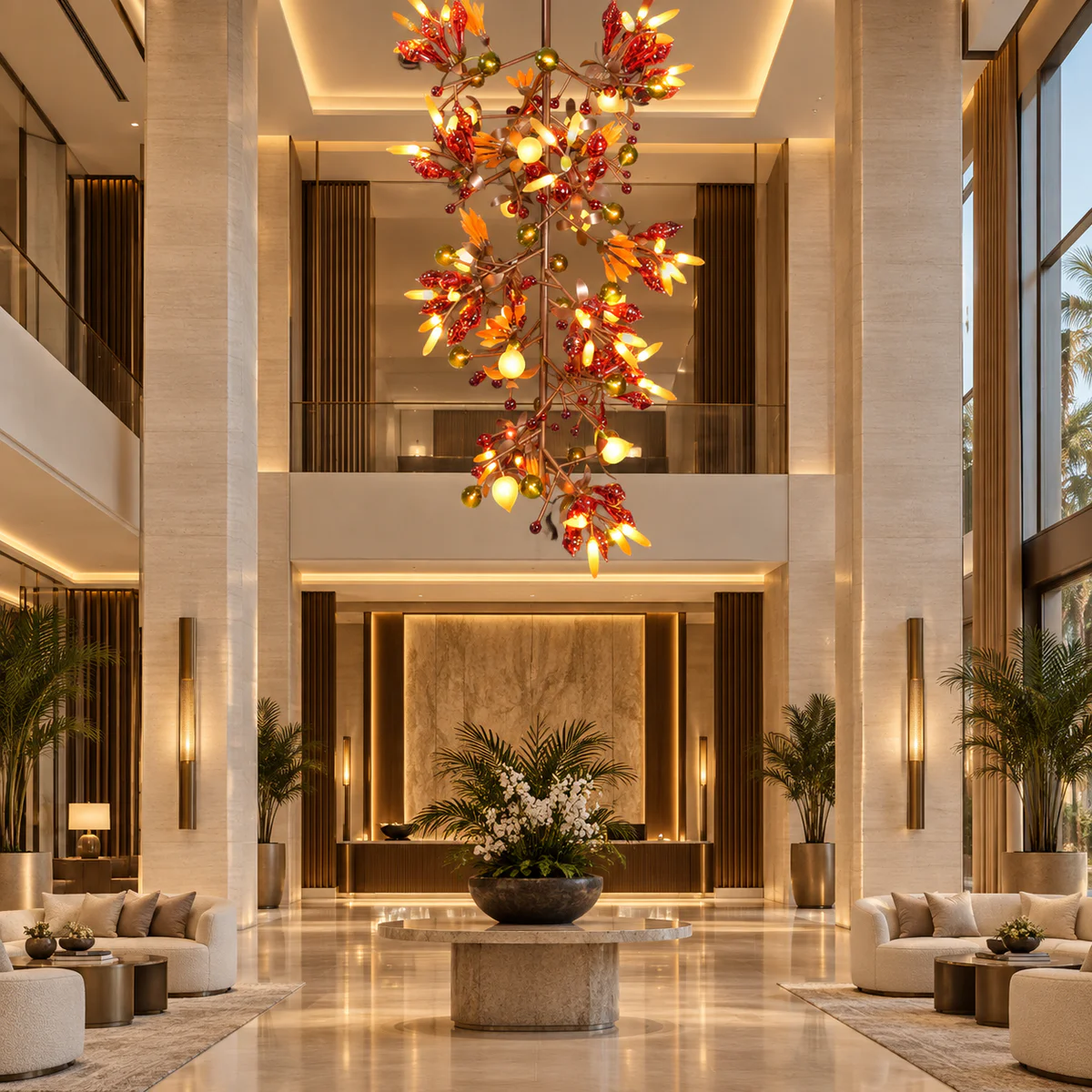 Bespoke Amber Floral Art Glass Lobby Chandelier - Model CX-YD002