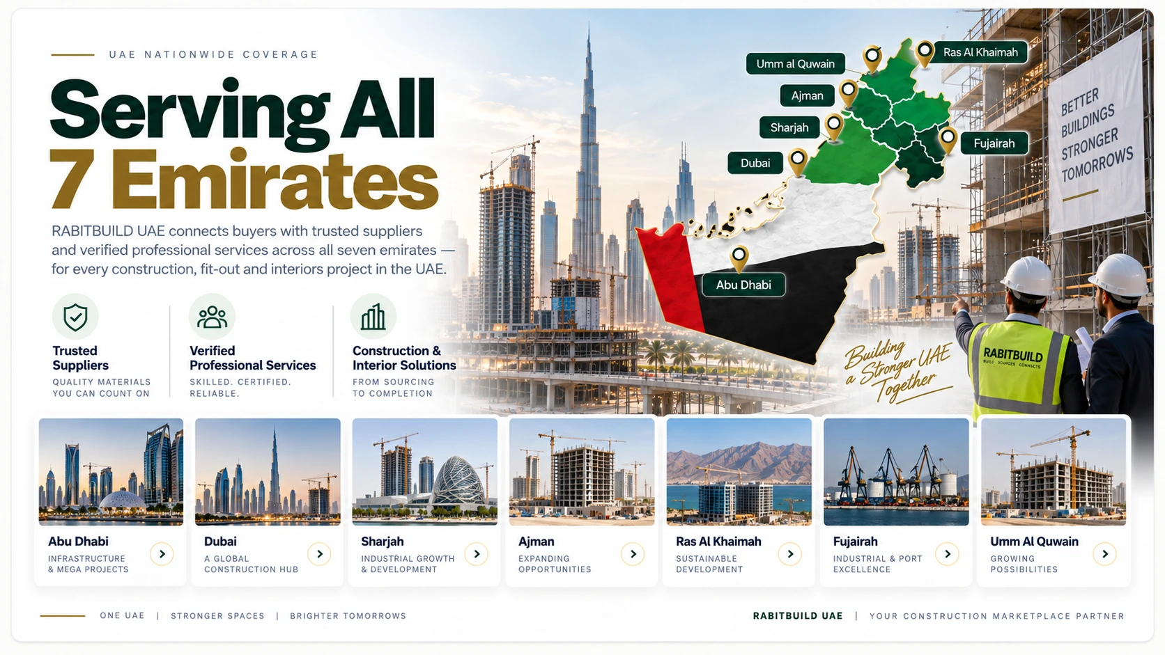 RABITBUILD UAE construction marketplace serving all seven Emirates with suppliers, professional services and construction project solutions.